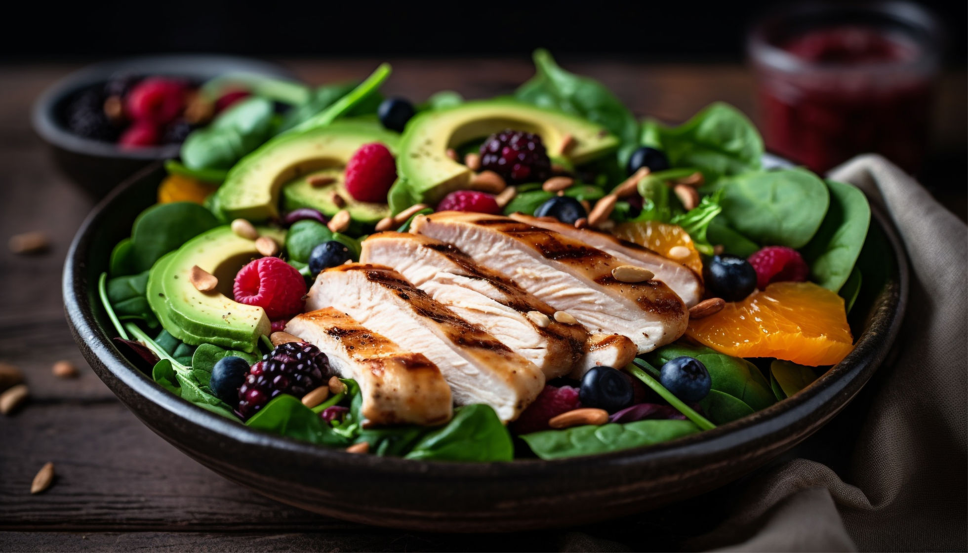Mixed Greens Salad with Grilled Chicken, Avocado, and Blueberries | Minded Roots